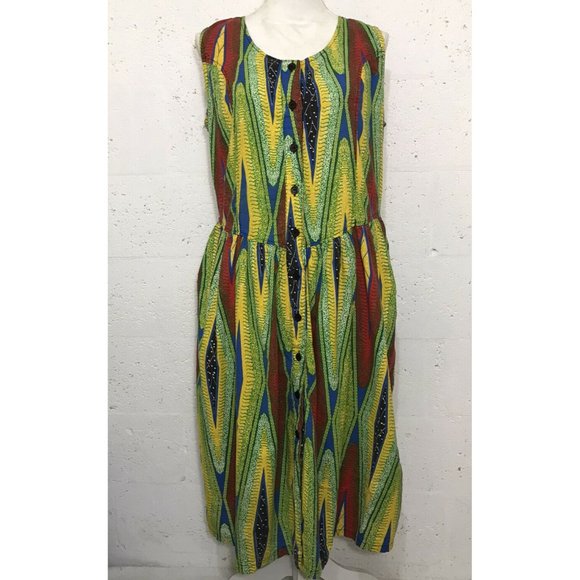 Fozy New York VTG 90’s Urban Rasta Dress Lace Up Back Button Front Pockets MED - Picture 1 of 12